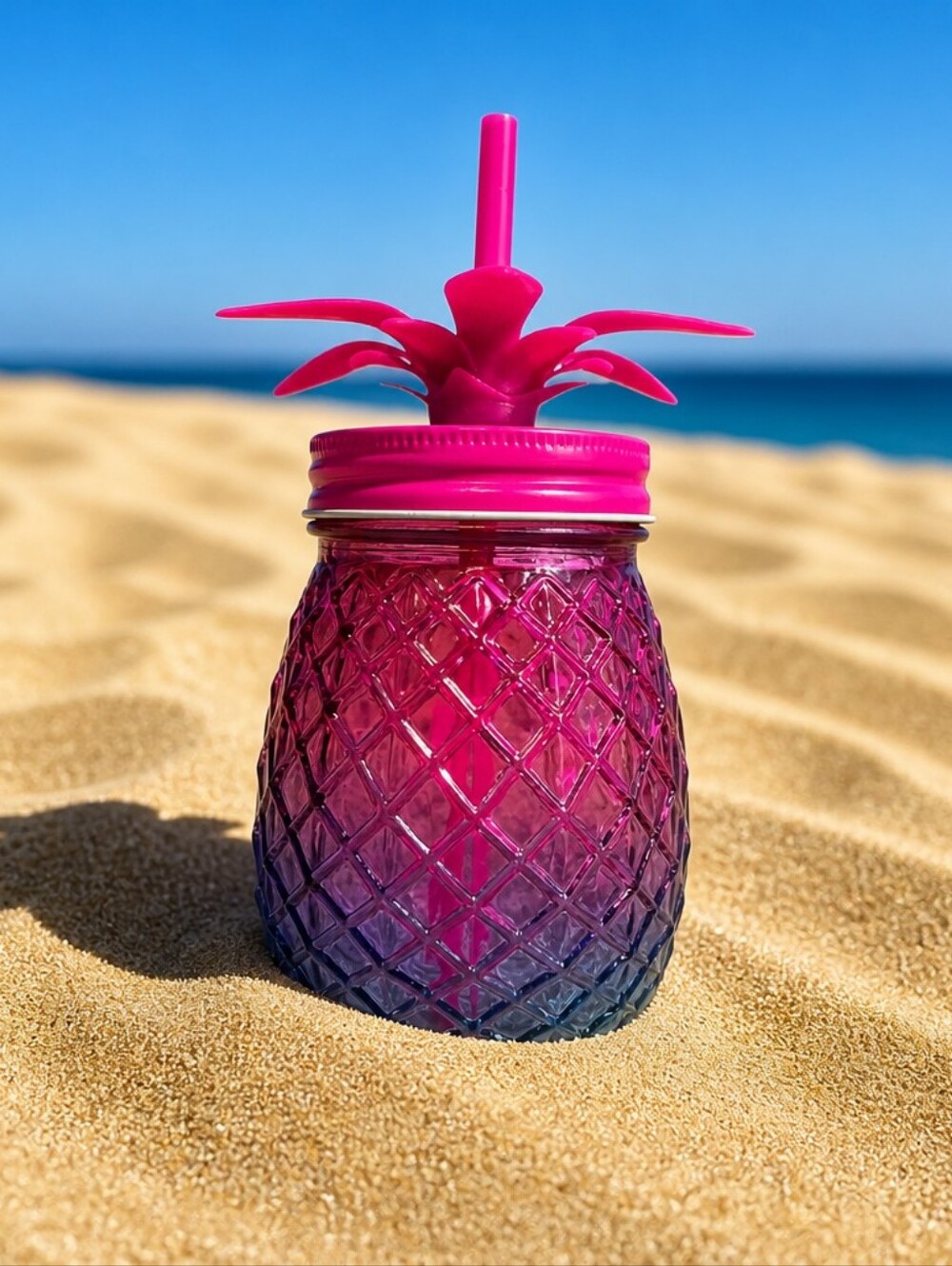 Pink Pineapple Glass Sipper with Lid, Straw & Flower Top